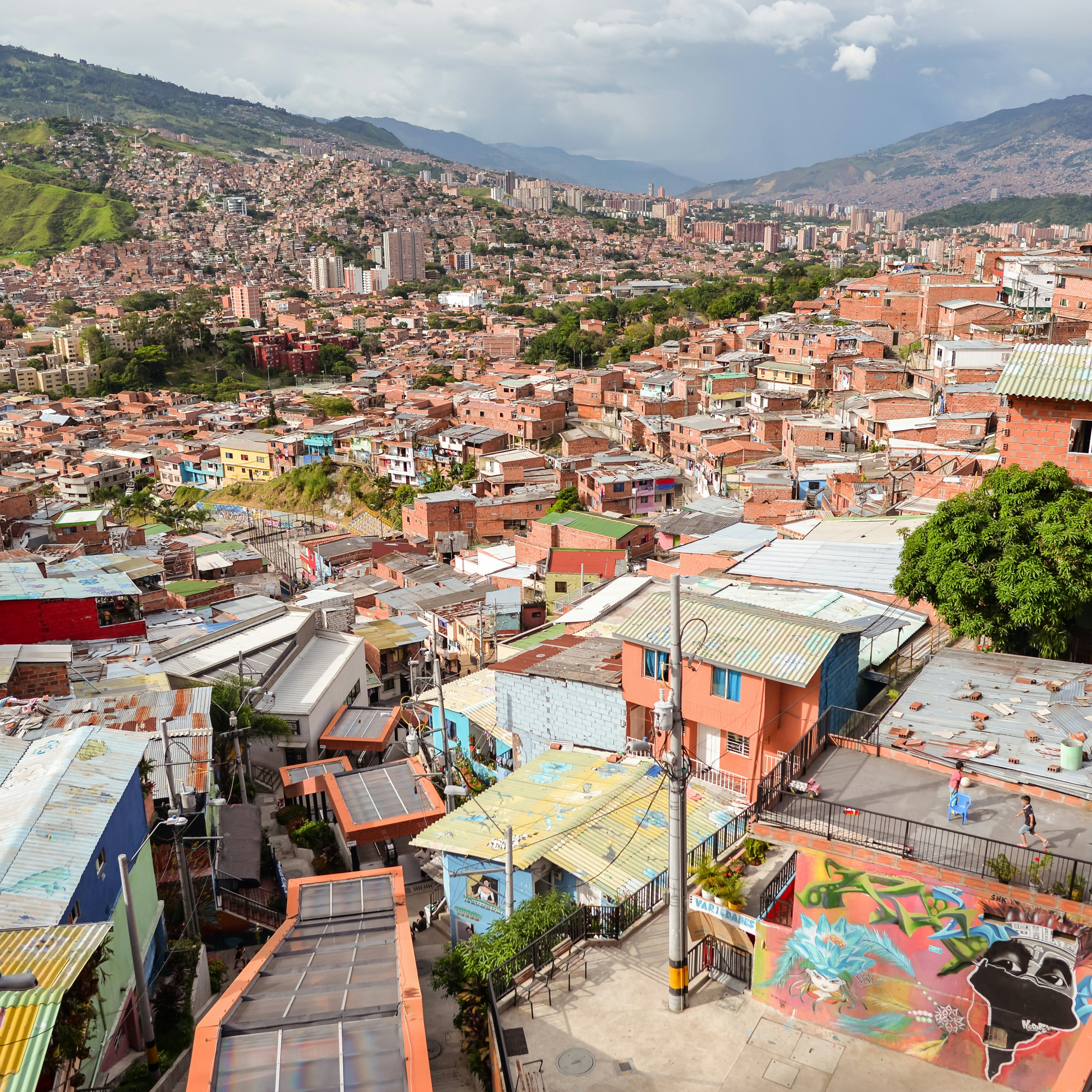Medellin / Colombia - July 15, 2017: urban cityscape of the colorful Comuna 13
